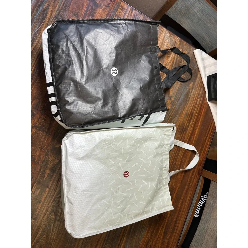 Lululemon Large Reusable Shopping Tote Bags Set of 2 Black White Cream with Logo